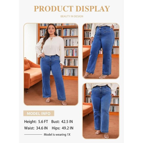 Plus Size Women's High Waist Straight Leg Jeans Breathable Denim Pockets - Picture 3 of 5